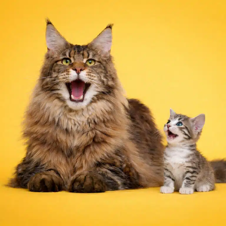 Un chat adulte et un chaton qui miaulent.